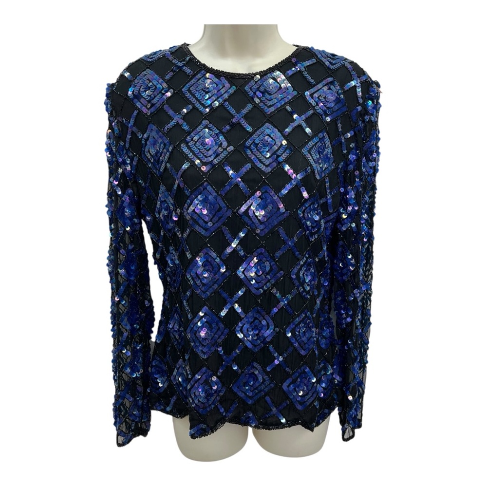 Vintage 80’s Stenay Silk Sequin Beaded Blue LS Statement Top